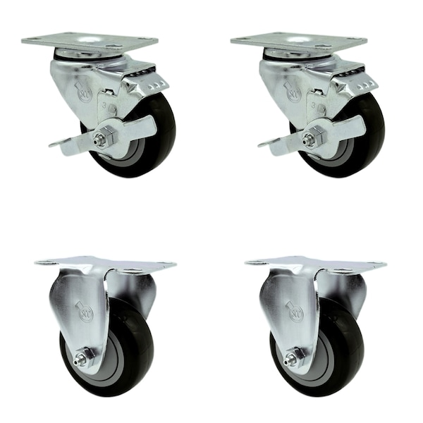 Service Caster 3.5 Inch Black Polyurethane Swivel Top Plate Caster Set with 2 Brake 2 Rigid SCC SCC-20S3514-PPUB-BLK-TLB-2-R3514-2 - main